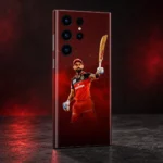 Virat Kohli raised-bat photo mobile skin in red and black, dark studio rear angle