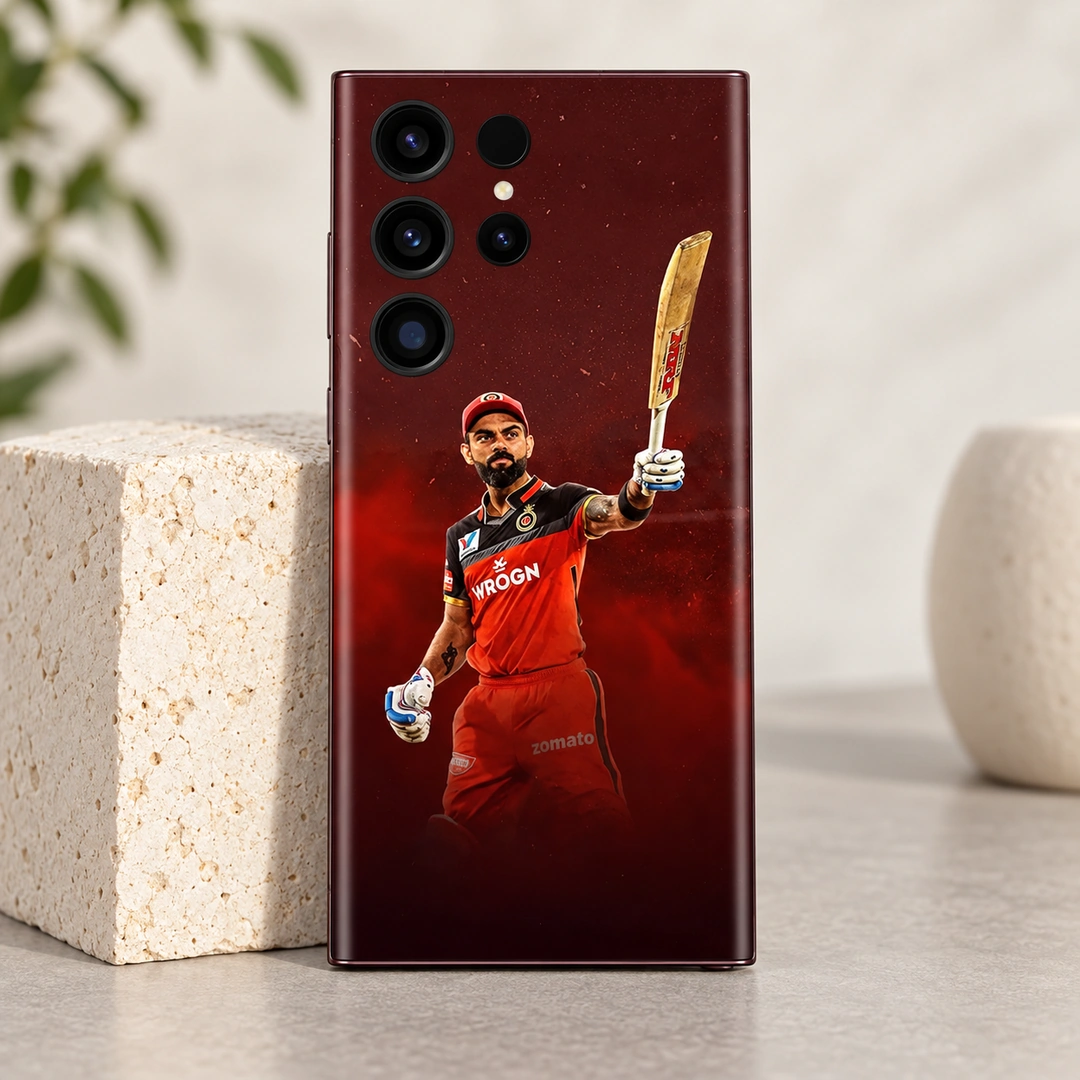 Virat Kohli Raised Bat Photo Mobile Skin - bright limestone studio Virat Kohli raised-bat photo mobile skin in red and black, bright limestone studio