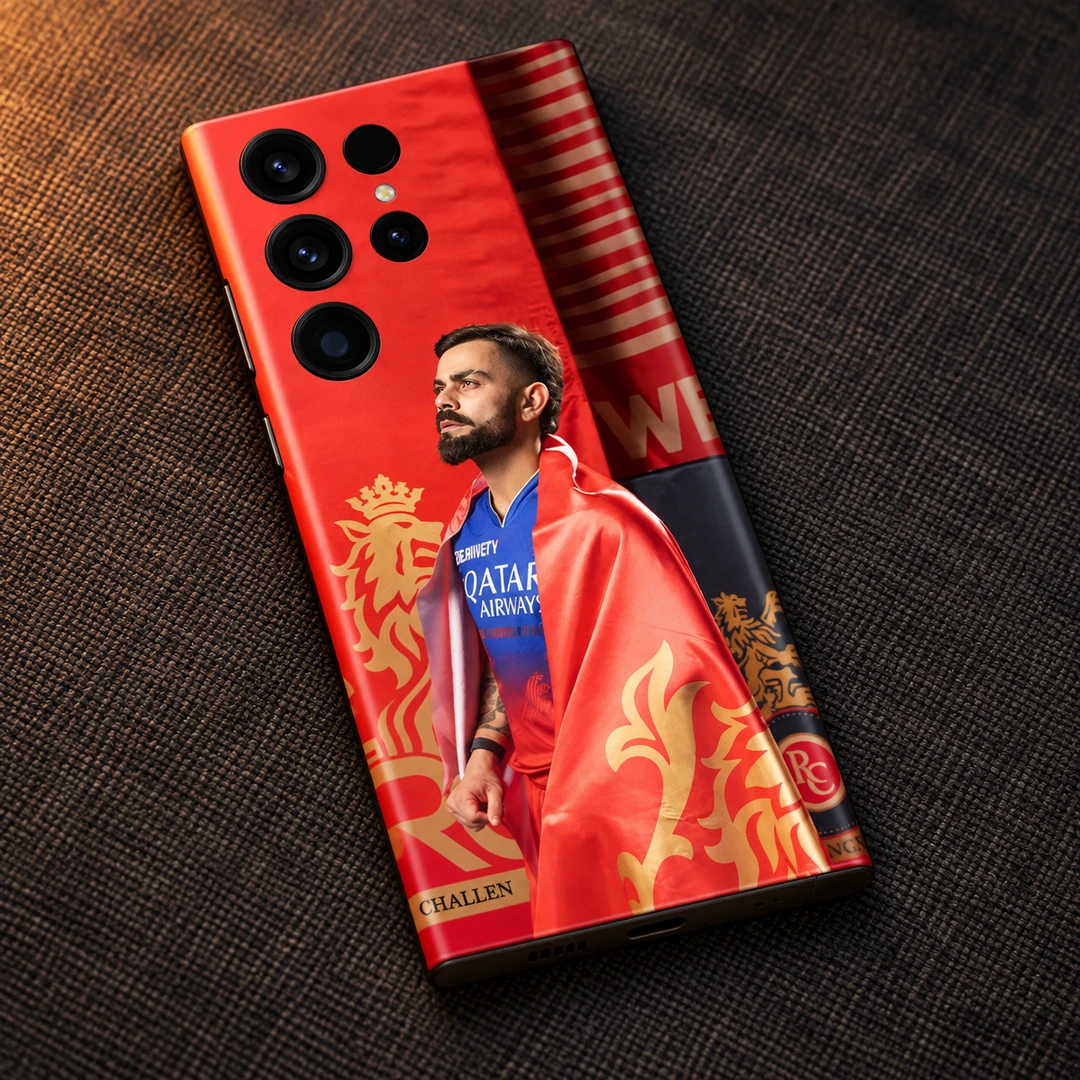 Virat Kohli RCB Red Flag Photo Mobile Skin - close studio view on charcoal cloth Virat Kohli RCB red flag photo mobile skin, close studio view on charcoal cloth