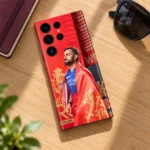 Virat Kohli RCB red flag photo mobile skin, wooden desk flat lay