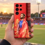 Virat Kohli RCB red flag photo mobile skin, handheld view at cricket ground