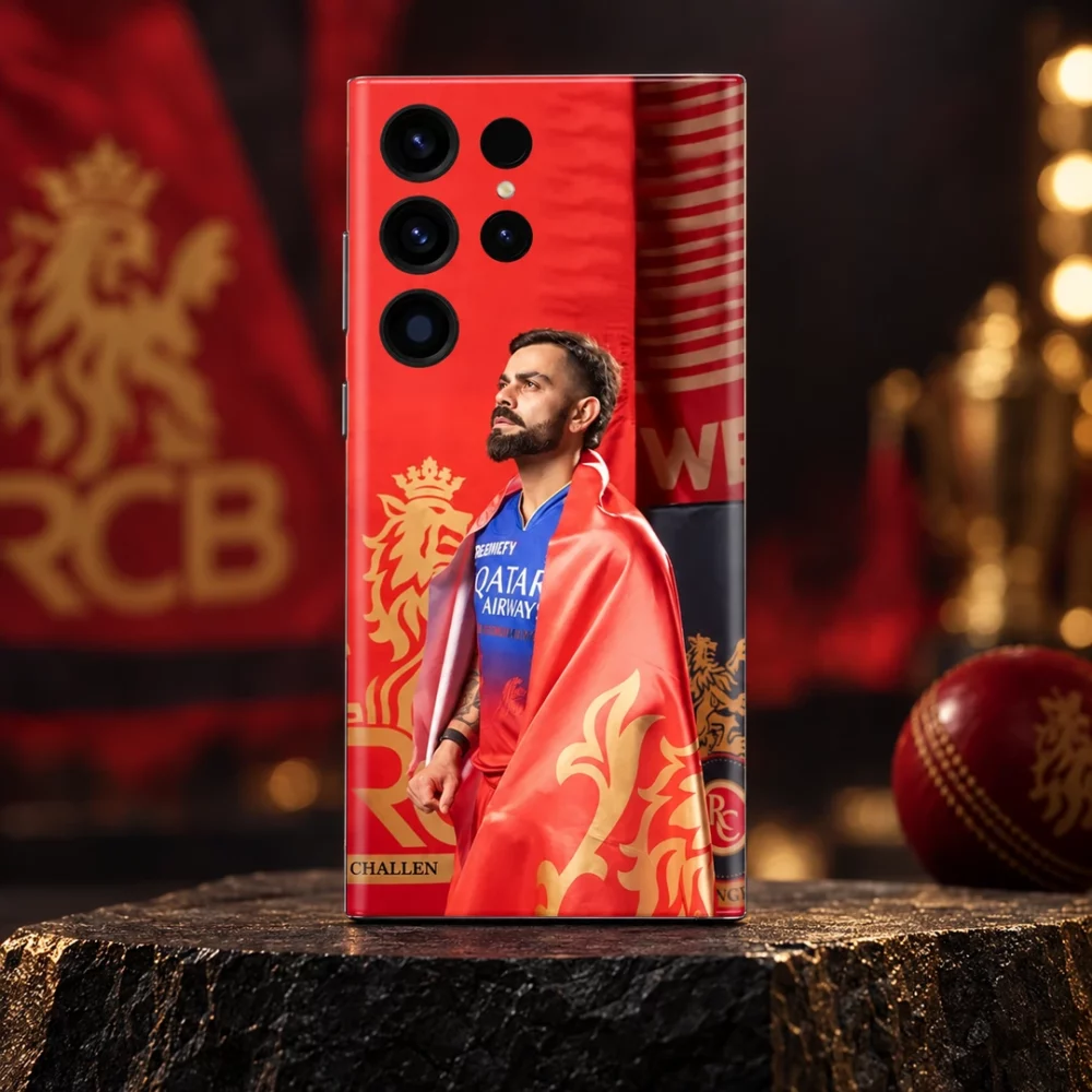 Virat Kohli RCB red flag photo mobile skin, red and gold studio hero on dark stone