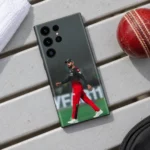 Virat Kohli walking in red and black cricket kit on a phone skin, cricket bench flat lay