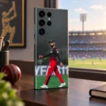 Virat Kohli walking in red and black cricket kit on a phone skin, stadium window angle