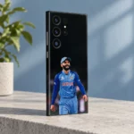 Virat Kohli smiling India photo mobile skin, three-quarter view against blue wall