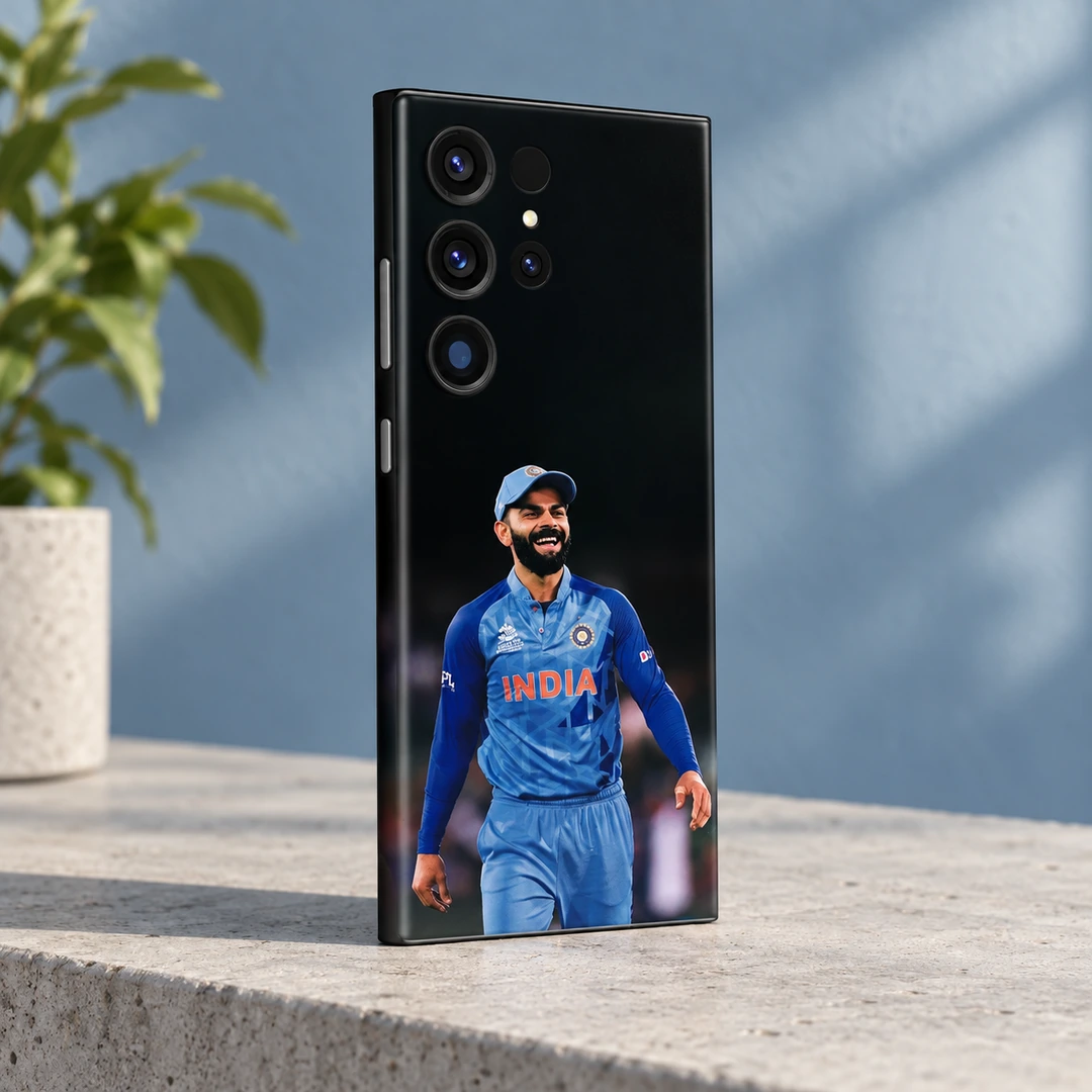 Virat Kohli Smiling India Photo Mobile Skin - three-quarter view against blue wall Virat Kohli smiling India photo mobile skin, three-quarter view against blue wall