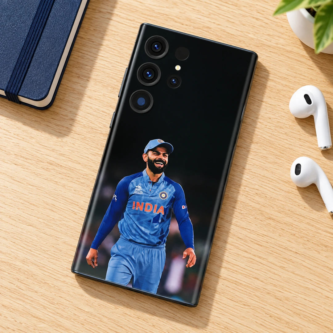 Virat Kohli Smiling India Photo Mobile Skin - oak desk flat lay Virat Kohli smiling India photo mobile skin, oak desk flat lay