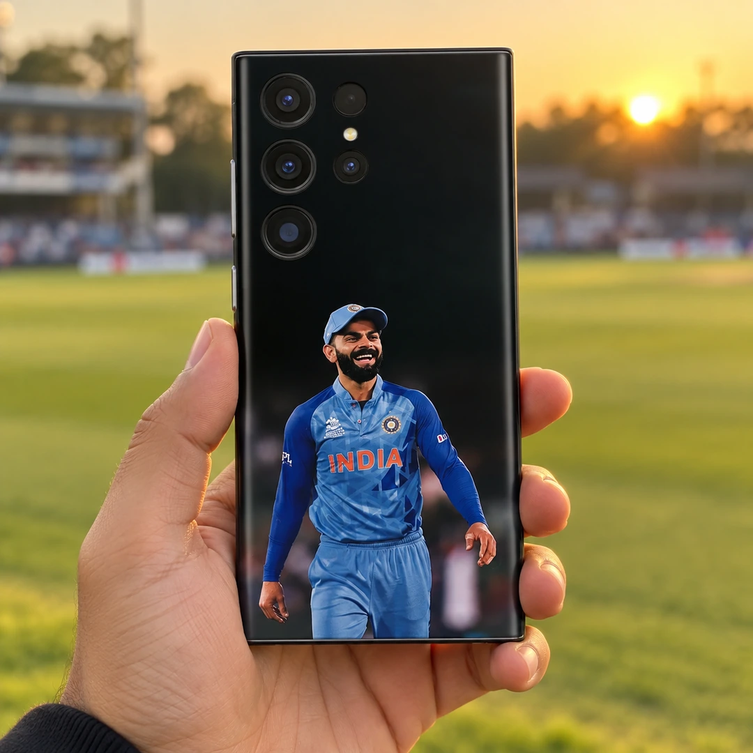 Virat Kohli Smiling India Photo Mobile Skin - handheld view at cricket ground Virat Kohli smiling India photo mobile skin, handheld view at cricket ground