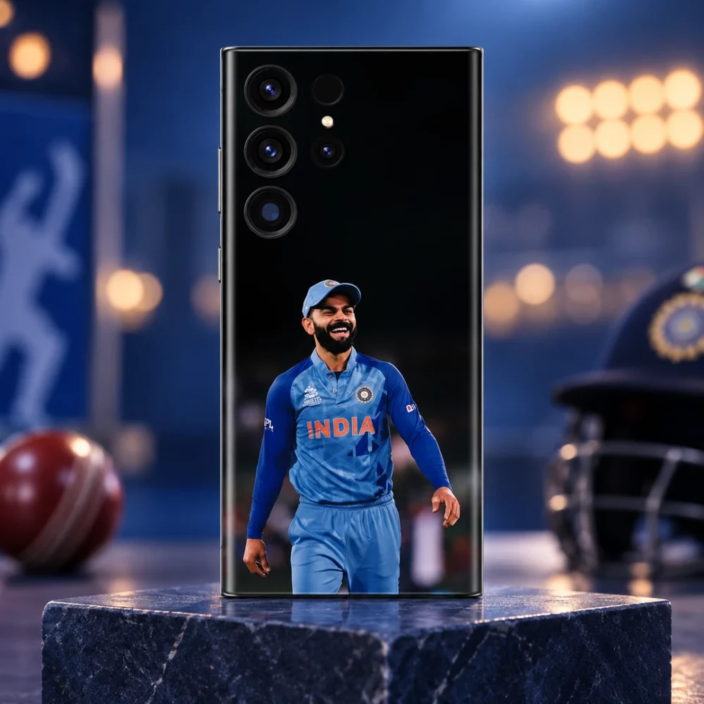 Virat Kohli smiling India photo mobile skin, sports studio hero on navy stone