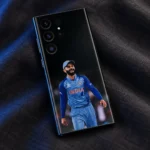 Virat Kohli smiling India photo mobile skin, close studio view on charcoal linen