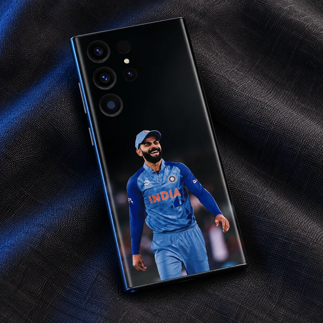 Virat Kohli Smiling India Photo Mobile Skin - close studio view on charcoal linen Virat Kohli smiling India photo mobile skin, close studio view on charcoal linen