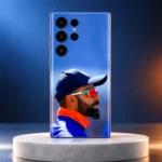 Virat Kohli Photo Mobile Skin featuring a side portrait with mirrored sunglasses and orange collar, blue portrait studio hero