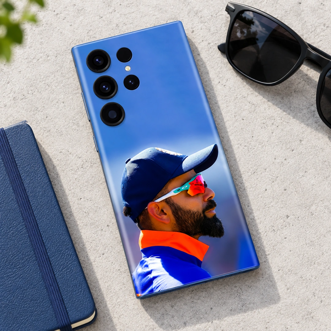 Virat Kohli Photo Mobile Skin - Sunglasses Desk Flat Lay Virat Kohli Photo Mobile Skin featuring a side portrait with mirrored sunglasses and orange collar, sunglasses desk flat lay