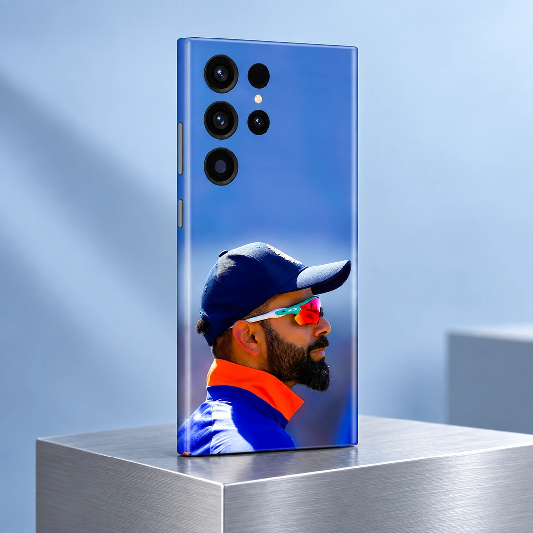 Virat Kohli Photo Mobile Skin - Silver Studio View Virat Kohli Photo Mobile Skin featuring a side portrait with mirrored sunglasses and orange collar, silver studio view