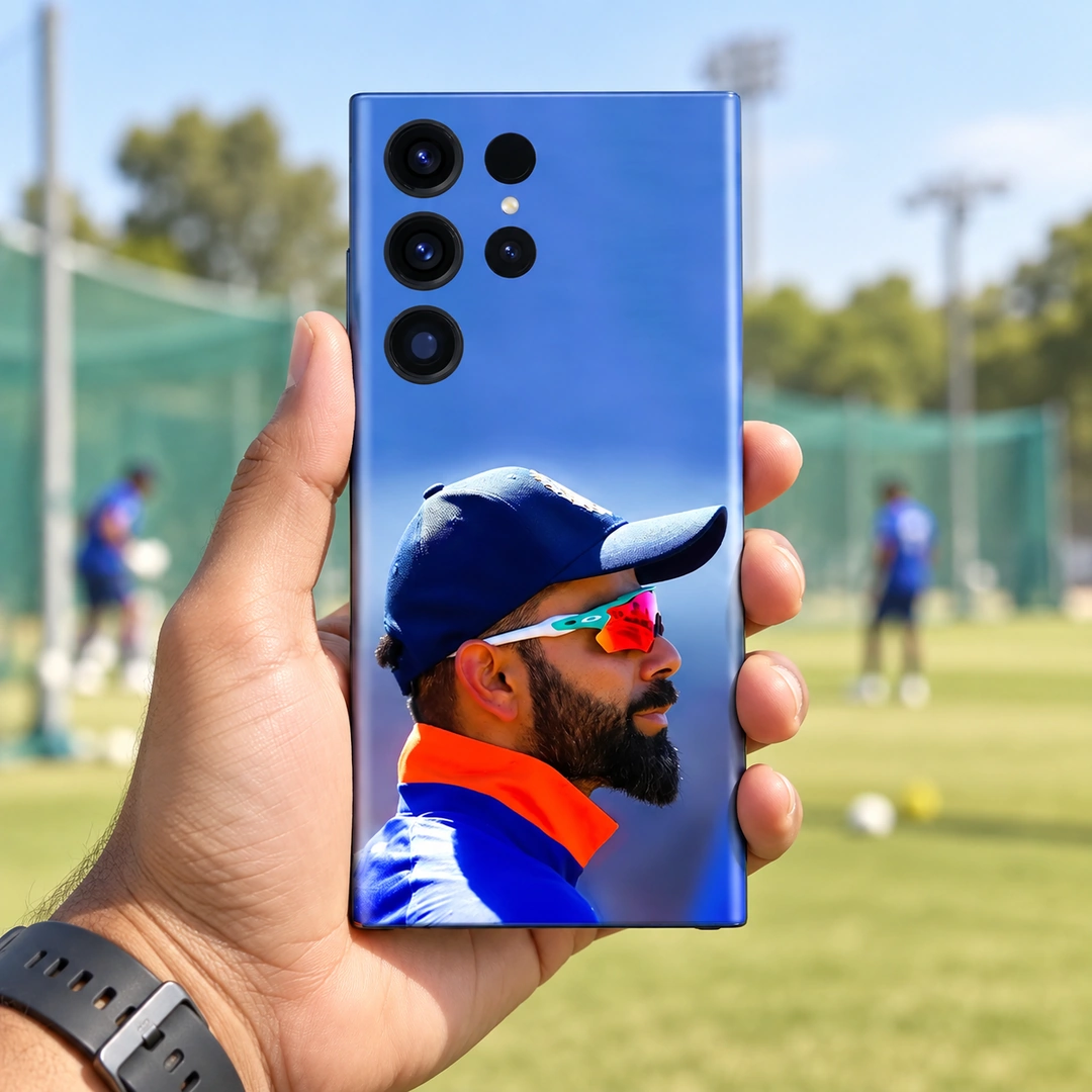 Virat Kohli Photo Mobile Skin - Practice Ground Lifestyle Virat Kohli Photo Mobile Skin featuring a side portrait with mirrored sunglasses and orange collar, practice ground lifestyle