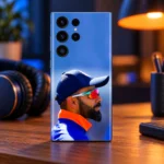 Virat Kohli Photo Mobile Skin featuring a side portrait with mirrored sunglasses and orange collar, evening desk