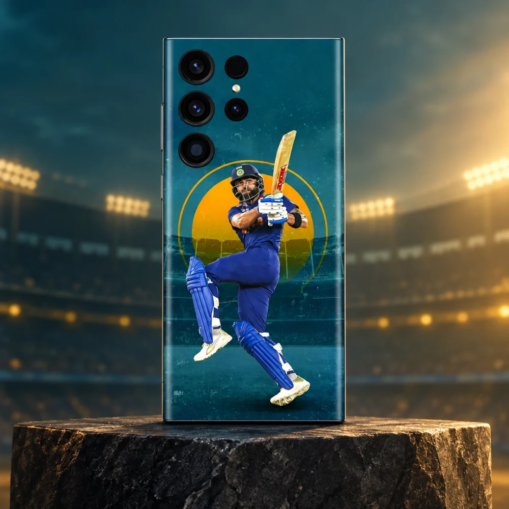 Virat Kohli mobile skin with blue batting pose and teal stadium design, stadium studio hero