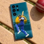 Virat Kohli mobile skin with blue batting pose and teal stadium design, cricket bench flat lay