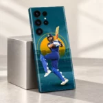 Virat Kohli mobile skin with blue batting pose and teal stadium design, steel display stand