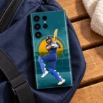 Virat Kohli mobile skin with blue batting pose and teal stadium design, navy sports bag