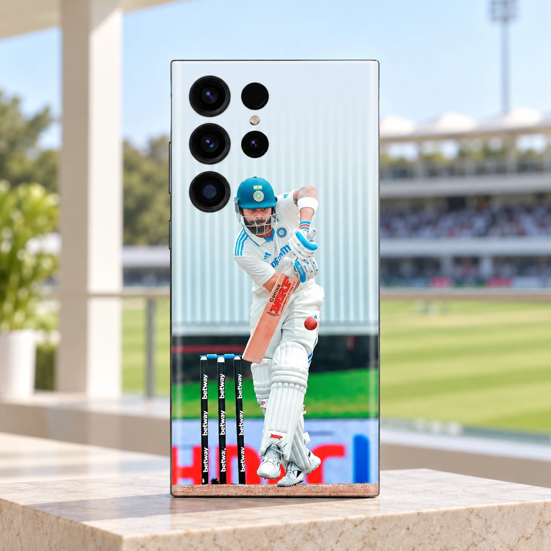Virat Kohli Test Batting Photo Mobile Skin - bright pavilion Virat Kohli batting in white Test uniform on a mobile skin, bright pavilion view