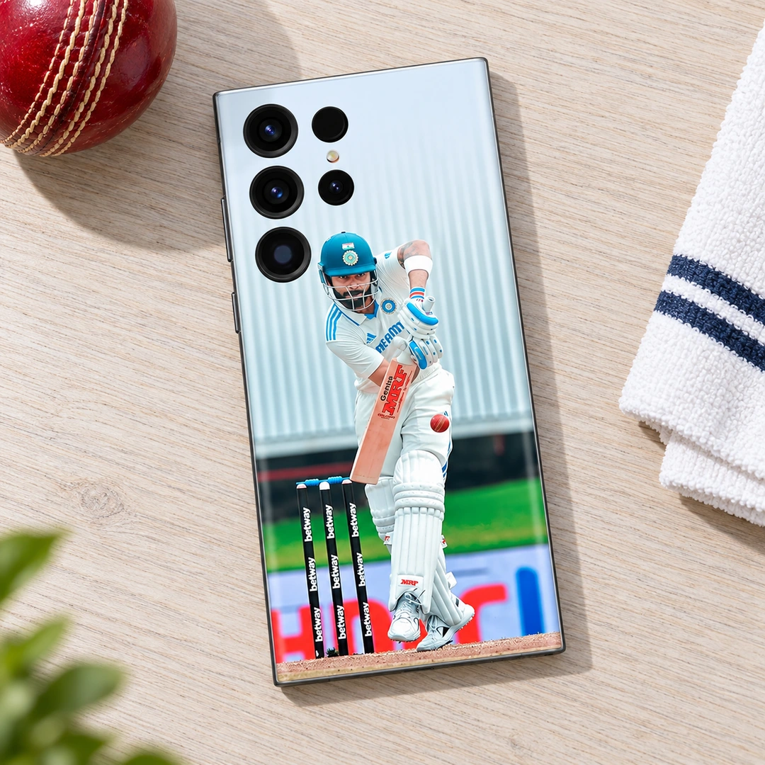 Virat Kohli Test Batting Photo Mobile Skin - cricket desk flat lay Virat Kohli batting in white Test uniform on a mobile skin, cricket desk flat lay view