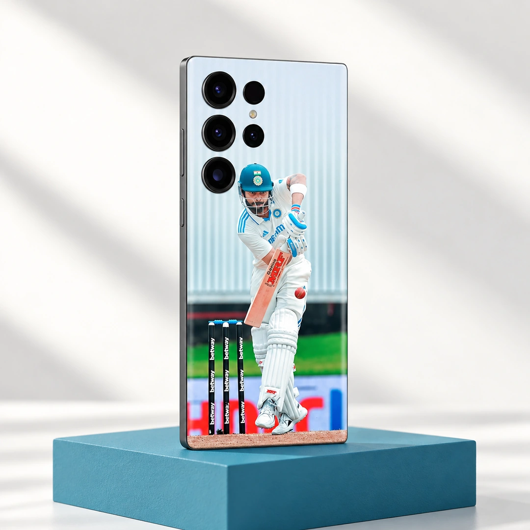Virat Kohli Test Batting Photo Mobile Skin - teal studio pedestal Virat Kohli batting in white Test uniform on a mobile skin, teal studio pedestal view
