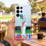 Virat Kohli batting in white Test uniform on a mobile skin, club cafe handheld view