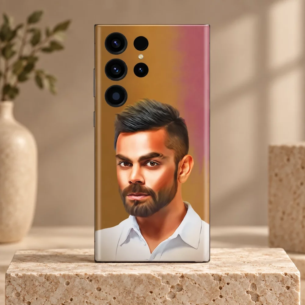 Virat Kohli illustrated portrait mobile skin with white shirt and warm brown background, travertine studio hero