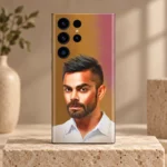 Virat Kohli illustrated portrait mobile skin with white shirt and warm brown background, travertine studio hero