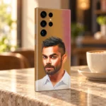 Virat Kohli illustrated portrait mobile skin with white shirt and warm brown background, cafe counter
