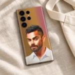 Virat Kohli illustrated portrait mobile skin with white shirt and warm brown background, linen lifestyle