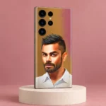 Virat Kohli illustrated portrait mobile skin with white shirt and warm brown background, rose studio