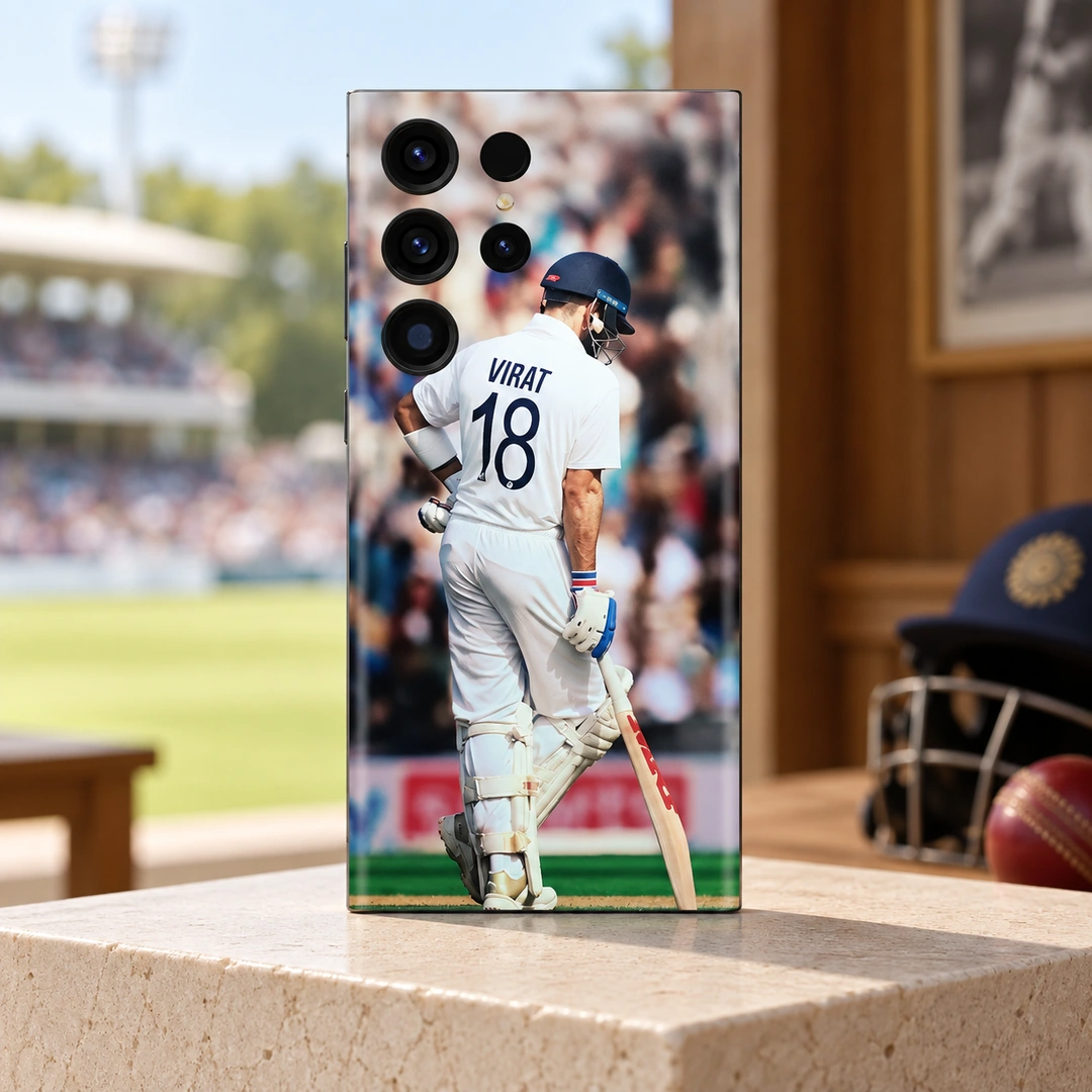 Virat Kohli White Kit 18 Mobile Skin - Pavilion hero Virat Kohli photo mobile skin with VIRAT 18 on white cricket kit, pavilion hero