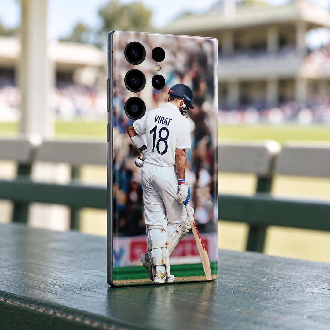 Virat Kohli White Kit 18 Mobile Skin - Green pavilion angle Virat Kohli photo mobile skin with VIRAT 18 on white cricket kit, green pavilion angle