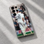 Virat Kohli photo mobile skin with VIRAT 18 on white cricket kit, gray stone studio