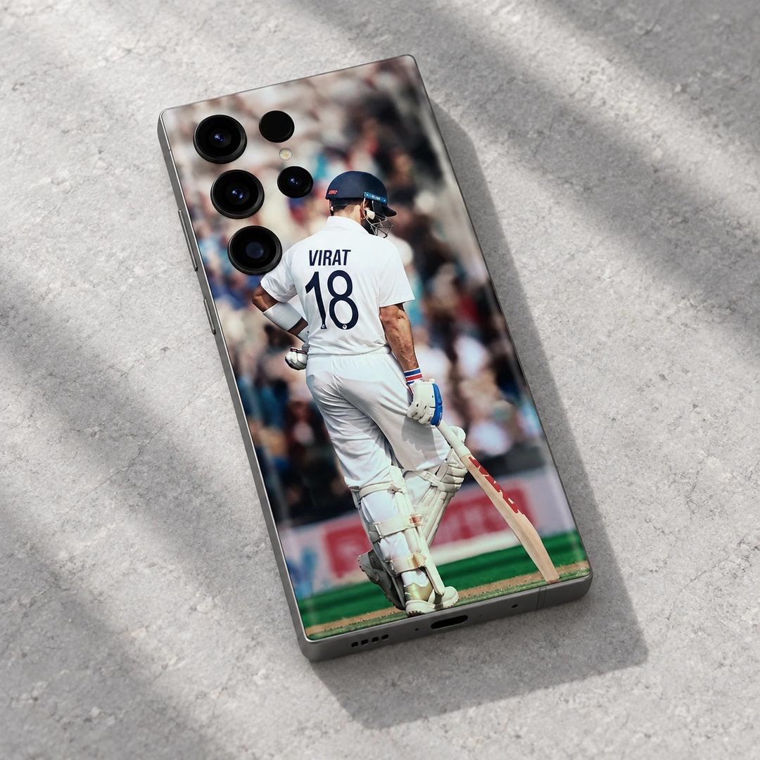 Virat Kohli White Kit 18 Mobile Skin - Gray stone studio Virat Kohli photo mobile skin with VIRAT 18 on white cricket kit, gray stone studio