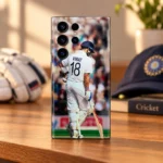 Virat Kohli photo mobile skin with VIRAT 18 on white cricket kit, cricket shelf view