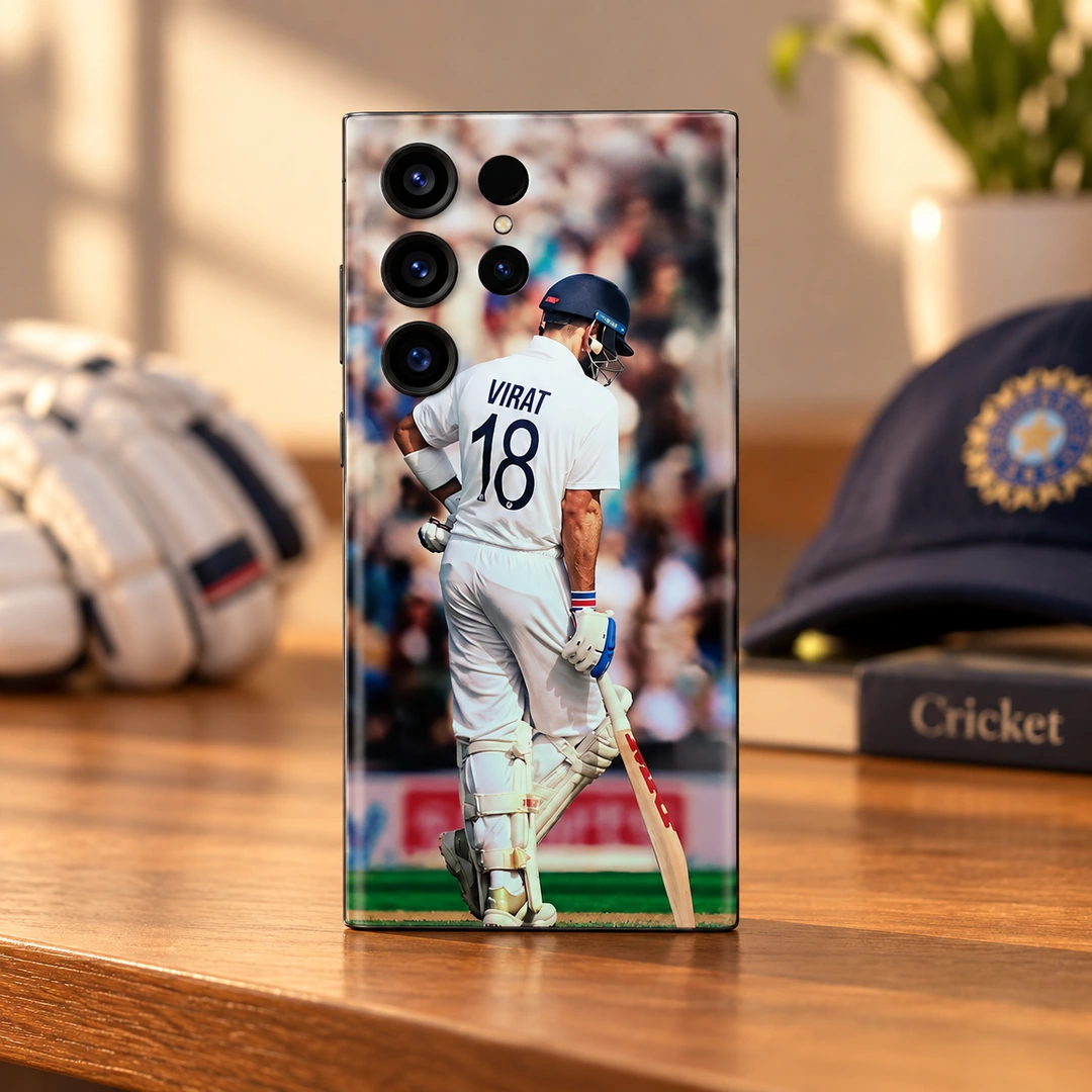 Virat Kohli White Kit 18 Mobile Skin - Cricket shelf view Virat Kohli photo mobile skin with VIRAT 18 on white cricket kit, cricket shelf view