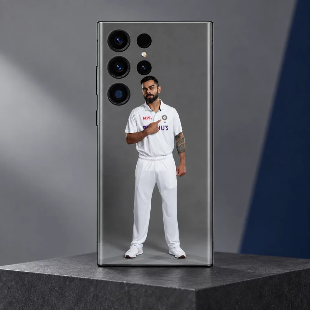 Virat Kohli mobile skin with full-length white Test uniform portrait on grey, grey studio hero