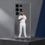 Virat Kohli mobile skin with full-length white Test uniform portrait on grey, grey studio hero