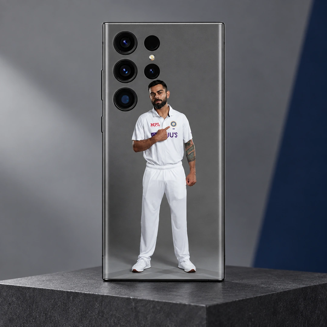 Virat Kohli White Test Portrait Mobile Skin - Grey studio hero Virat Kohli mobile skin with full-length white Test uniform portrait on grey, grey studio hero