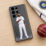 Virat Kohli mobile skin with full-length white Test uniform portrait on grey, cricket table flat lay