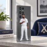 Virat Kohli mobile skin with full-length white Test uniform portrait on grey, fan study angle