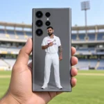 Virat Kohli mobile skin with full-length white Test uniform portrait on grey, stadium hand-held view