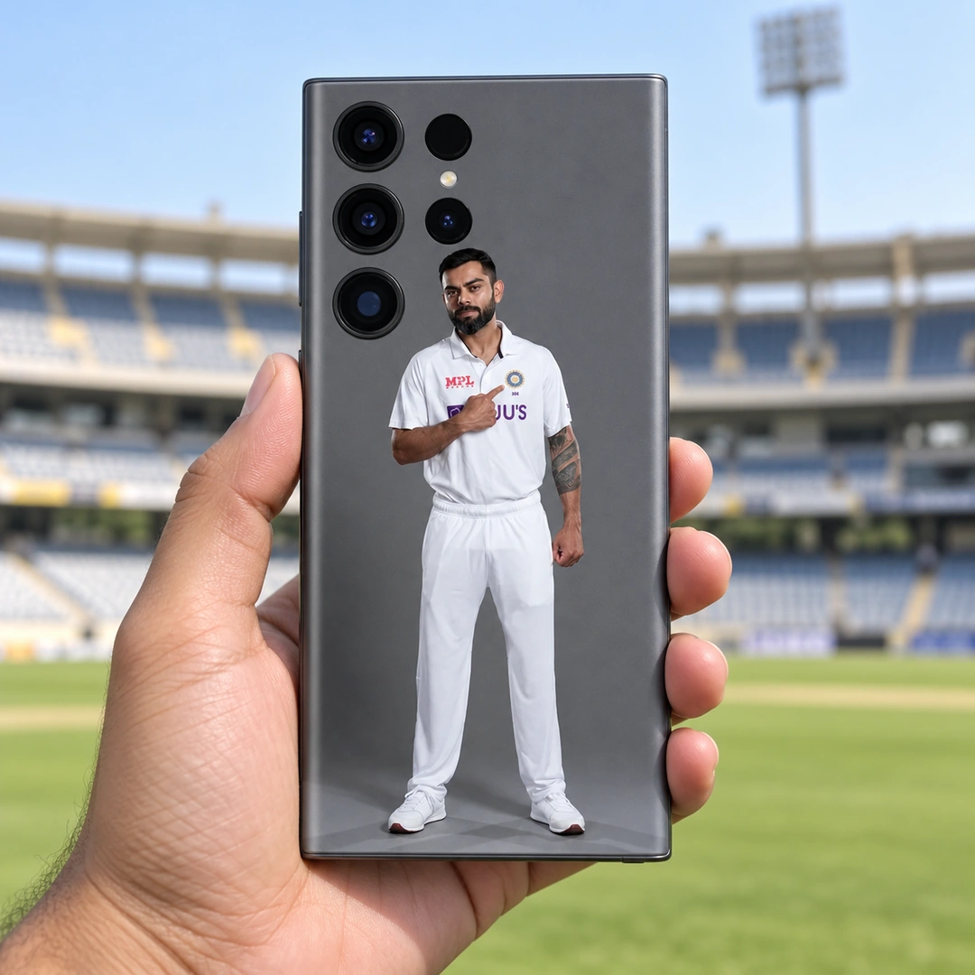 Virat Kohli White Test Portrait Mobile Skin - Stadium hand-held view Virat Kohli mobile skin with full-length white Test uniform portrait on grey, stadium hand-held view