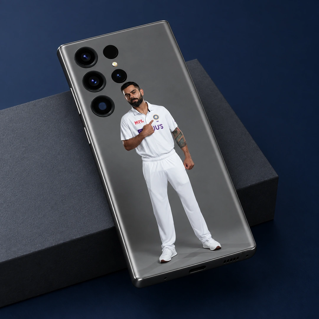 Virat Kohli White Test Portrait Mobile Skin - Navy studio detail Virat Kohli mobile skin with full-length white Test uniform portrait on grey, navy studio detail