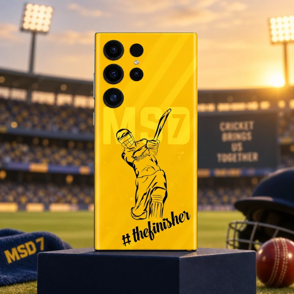 Yellow Dhoni batting illustration mobile skin with thefinisher script, stadium sunset hero