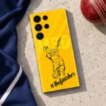 Yellow Dhoni batting illustration mobile skin with thefinisher script, cricket flat lay