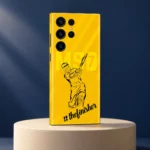 Yellow Dhoni batting illustration mobile skin with thefinisher script, navy studio angle